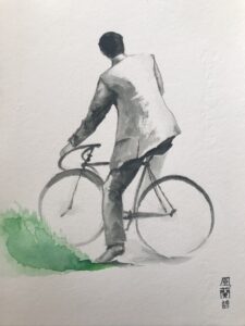 Bicycle man, colour, watercolour