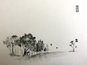 Japan inspired watercolour of a forest