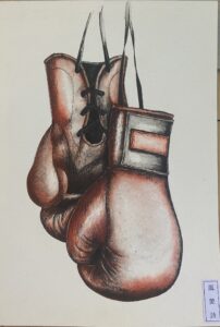 Boxing gloves, ink and water colour
