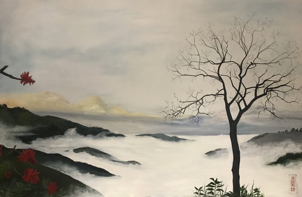 Misty mountain view, oil painting