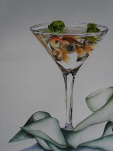 Goldfish in martini glass, Watercolour