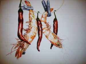 Washing line prawns, Watercolour